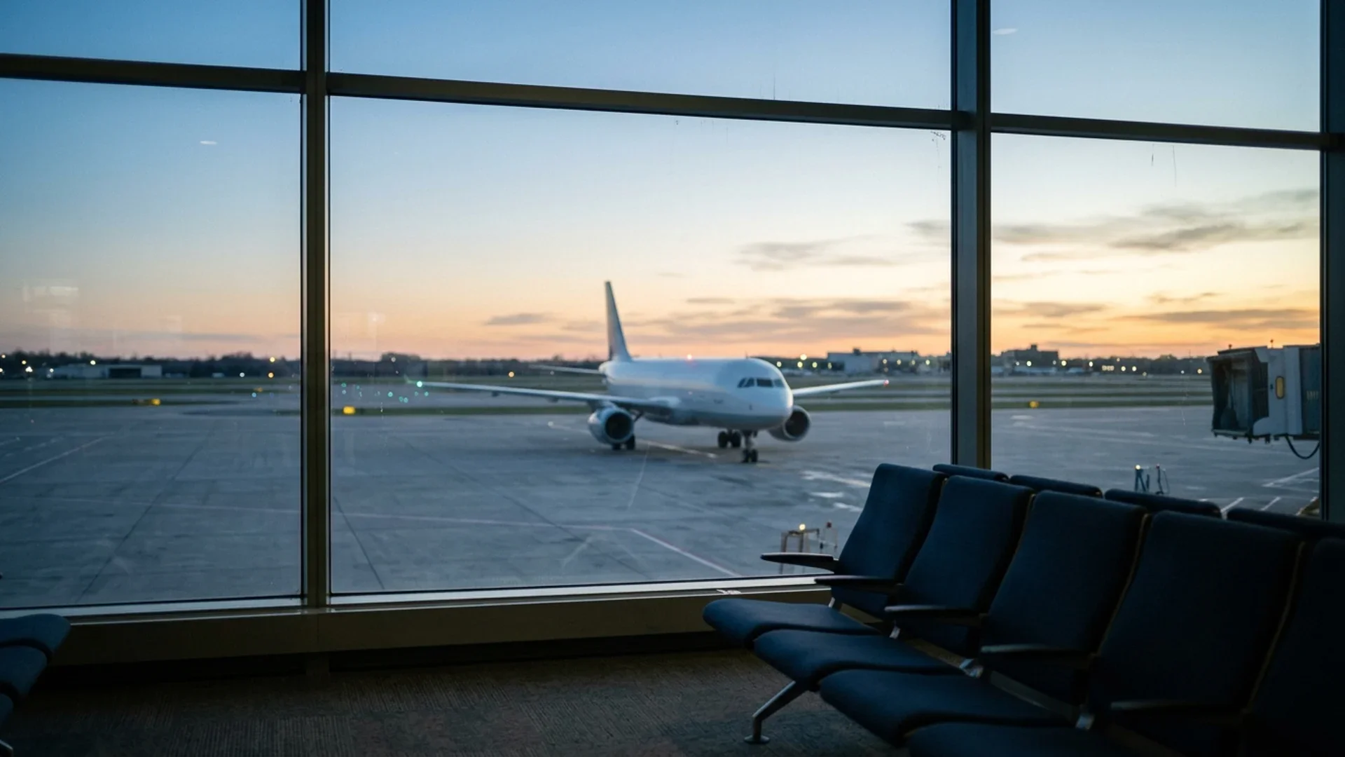 A calm airport gate window at dawn with an aircraft on the tarmac beyond, soft light, no people, no signage.