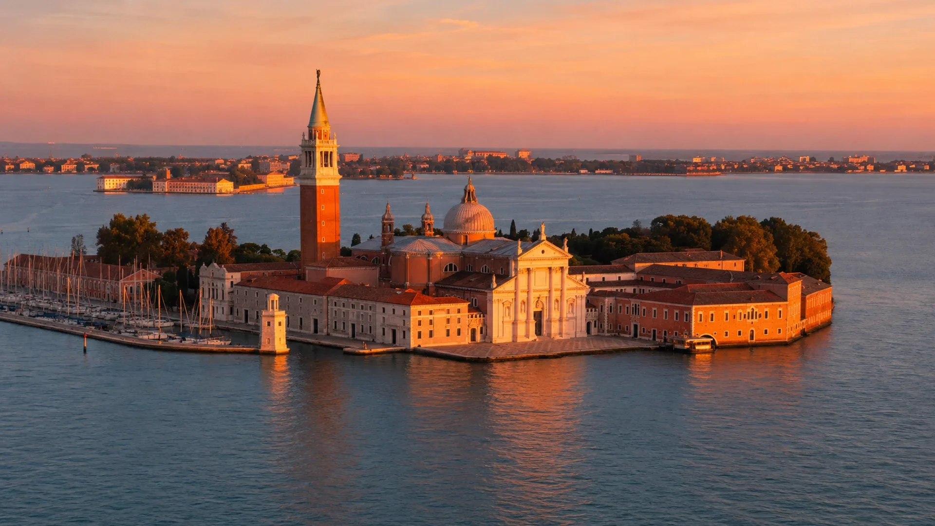 A small wooden launch crossing the Venetian lagoon at golden hour, the domes and campanile of St Mark's low on the far shore.