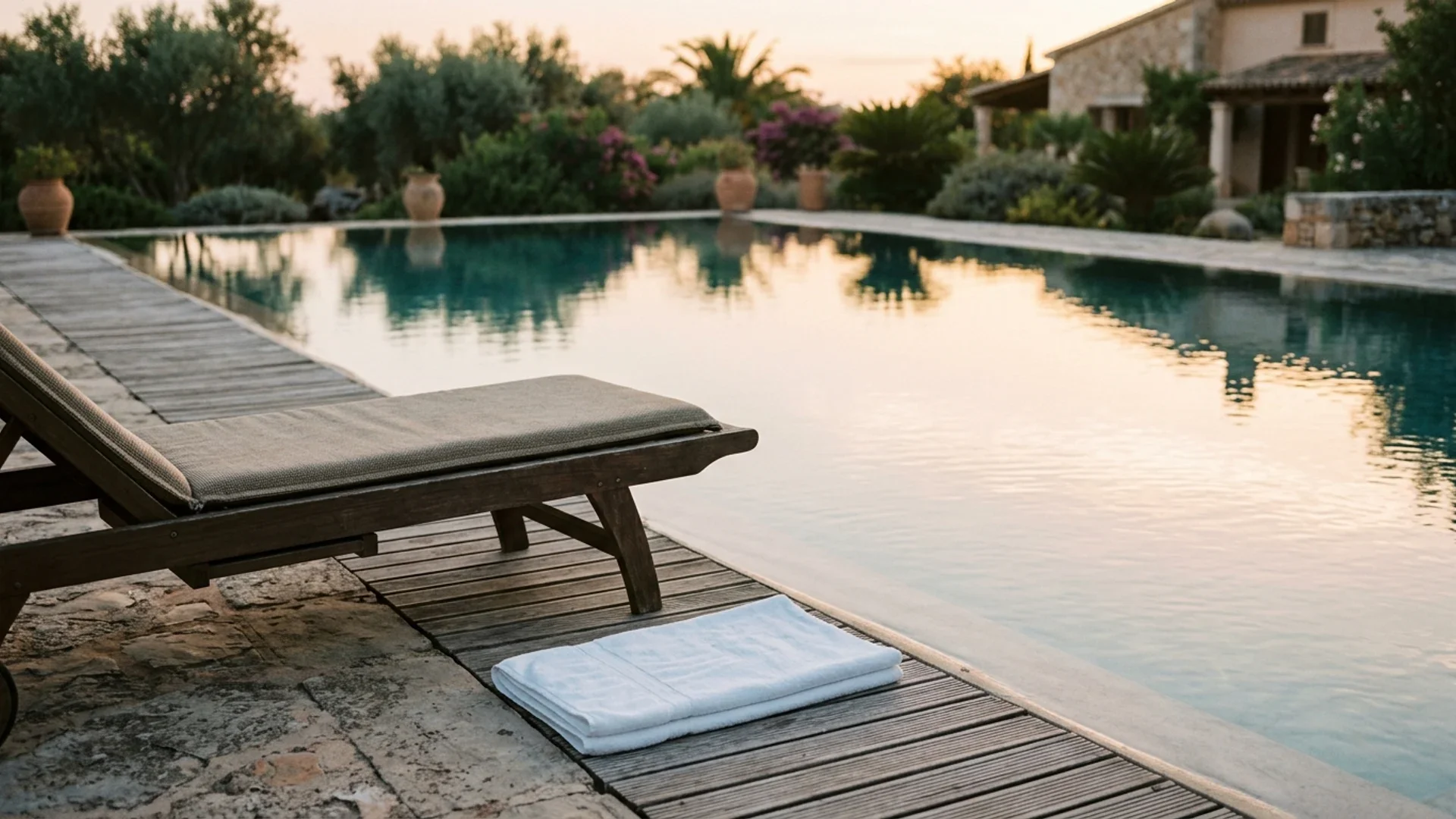 An empty sun lounger and a folded towel beside a calm pool at golden hour, late-summer light across the water, no people.