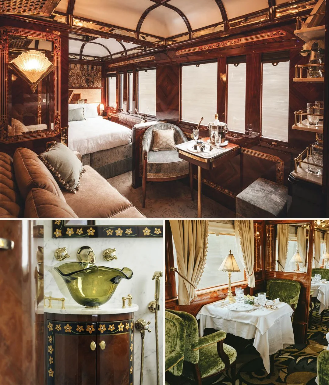 Luxury interior views of train carriages featuring velvet and oak furniture, a bathroom and a restaurant table.