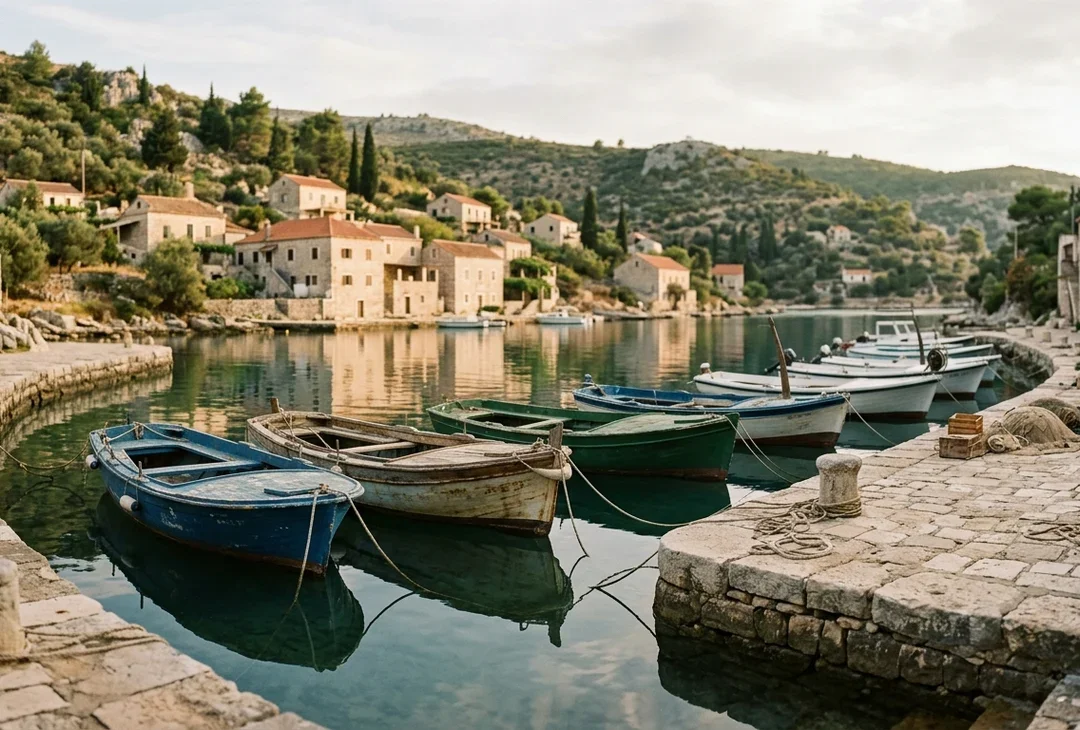 A small quiet fishing harbour with a few wooden boats and still water, soft late-afternoon light, almost no people.