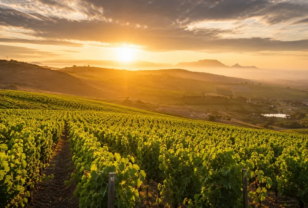 Low golden sunlight raking across vineyard rows at dusk, the mountains behind in deep blue shadow.