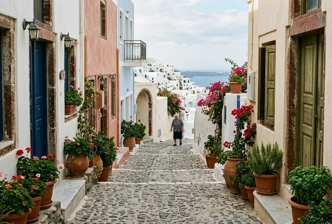 A quiet Mediterranean coastal town lane in soft September light, a few shuttered doorways, almost no people.