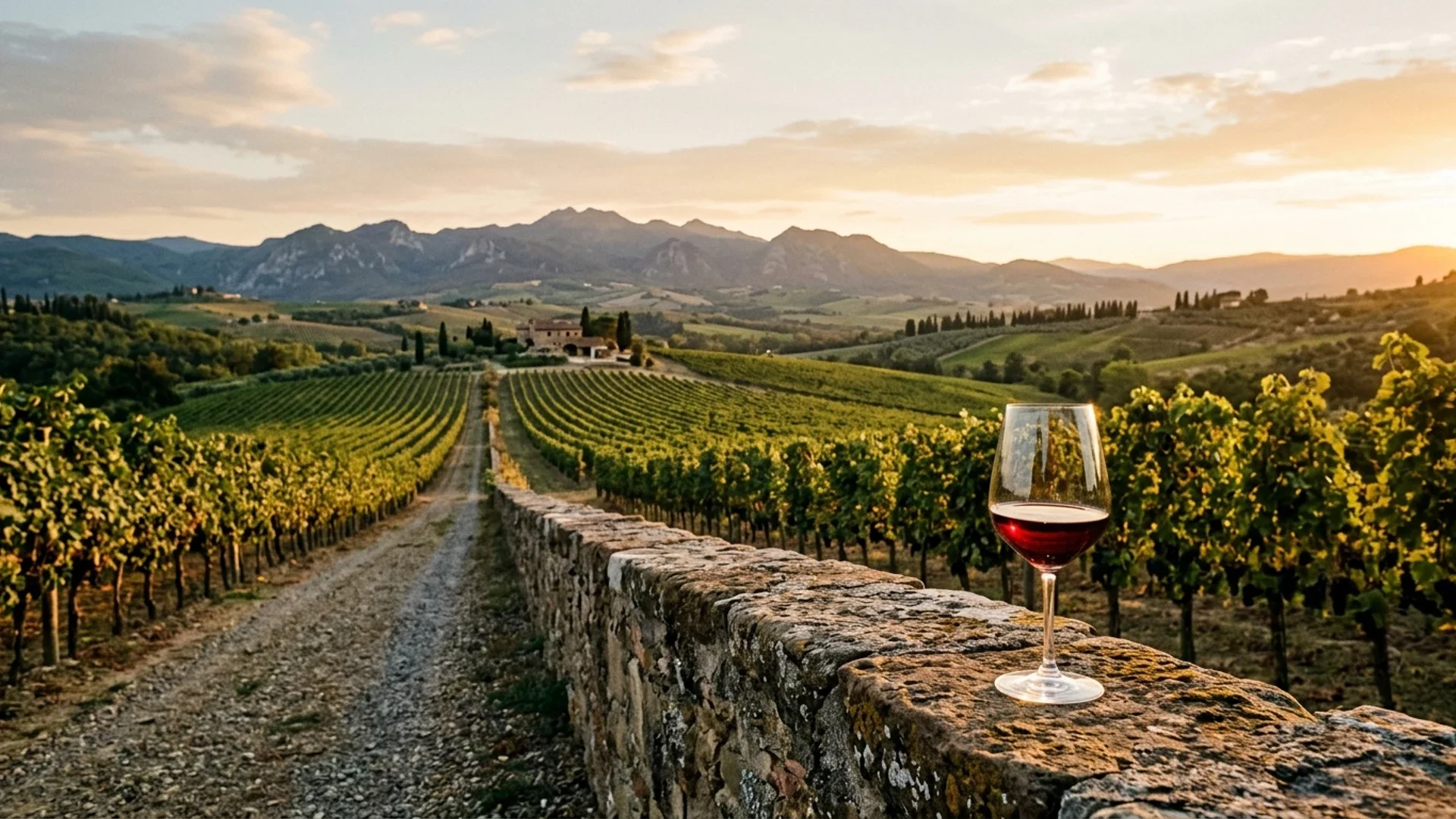 A wide vineyard valley at golden hour, vine rows running toward mountains, a glass of wine resting on a stone wall in the foreground.