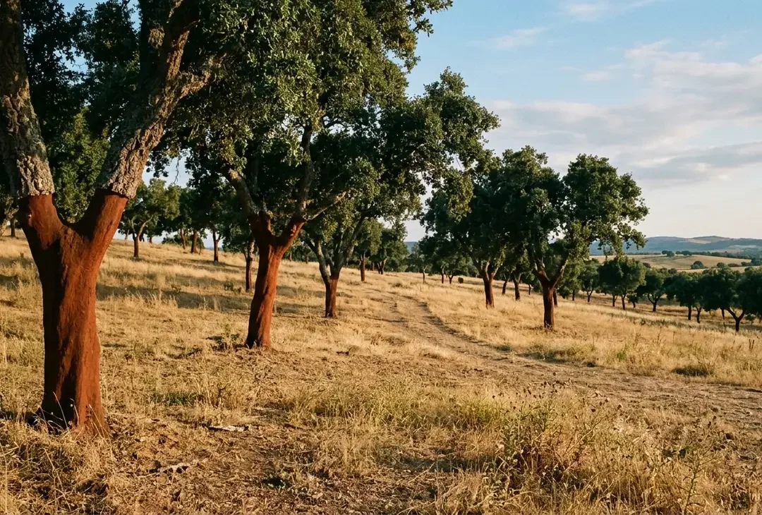 A grove of harvested cork oaks with russet-stripped trunks in golden Alentejo light, no people.