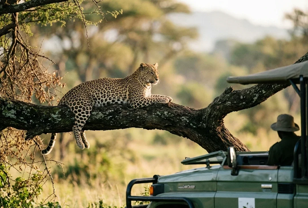 A leopard resting along a low branch in soft morning light, watched from a single open safari vehicle.
