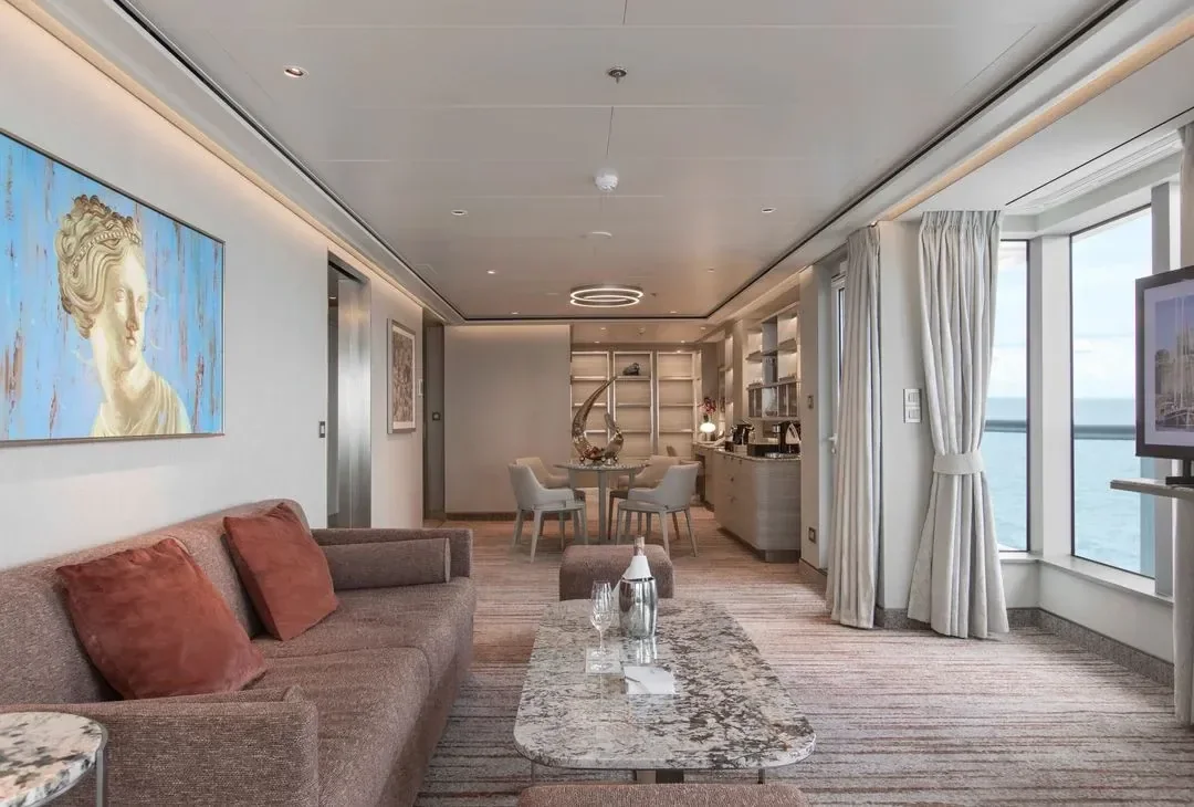 Silver Dawn underway at sea, wide exterior view with open ocean beyond the bow.