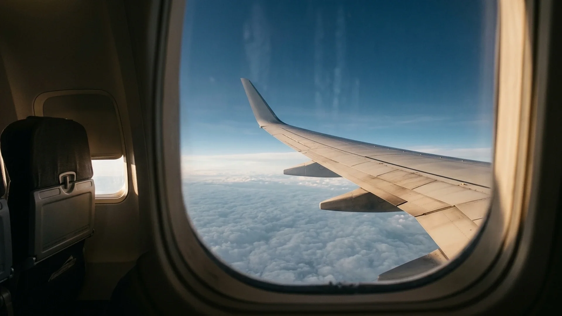 A window seat view at altitude over a swept wing, deep blue sky above a soft floor of cloud, late light across the cabin.