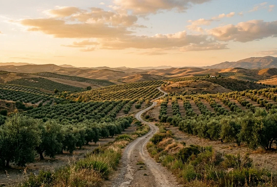 A quiet inland Mediterranean landscape of olive groves and low hills at golden hour, no people, no buildings.