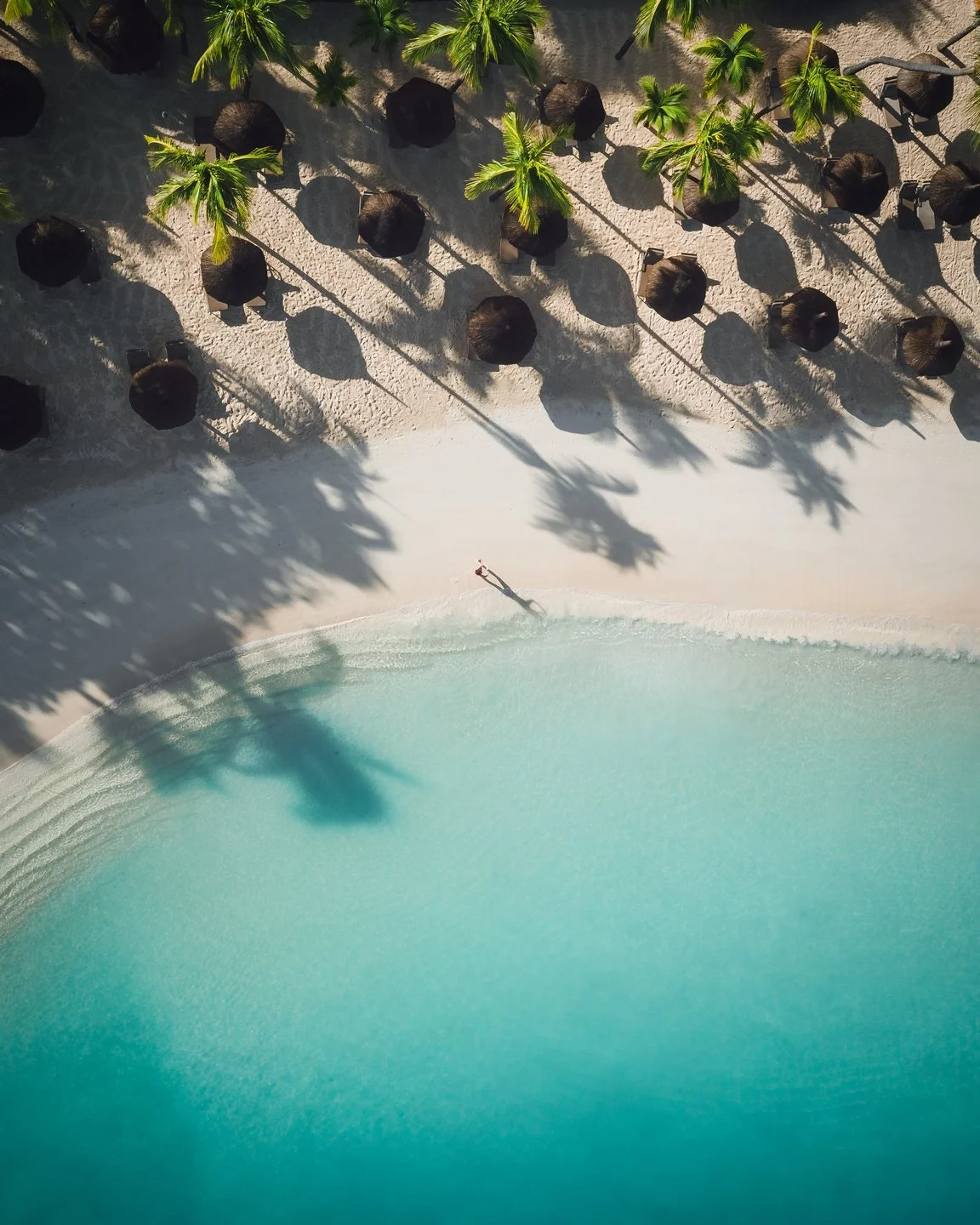 Aerial view of a tropical beach with white sand, turquoise water, palm trees casting shadows, and thatched beach umbrellas.