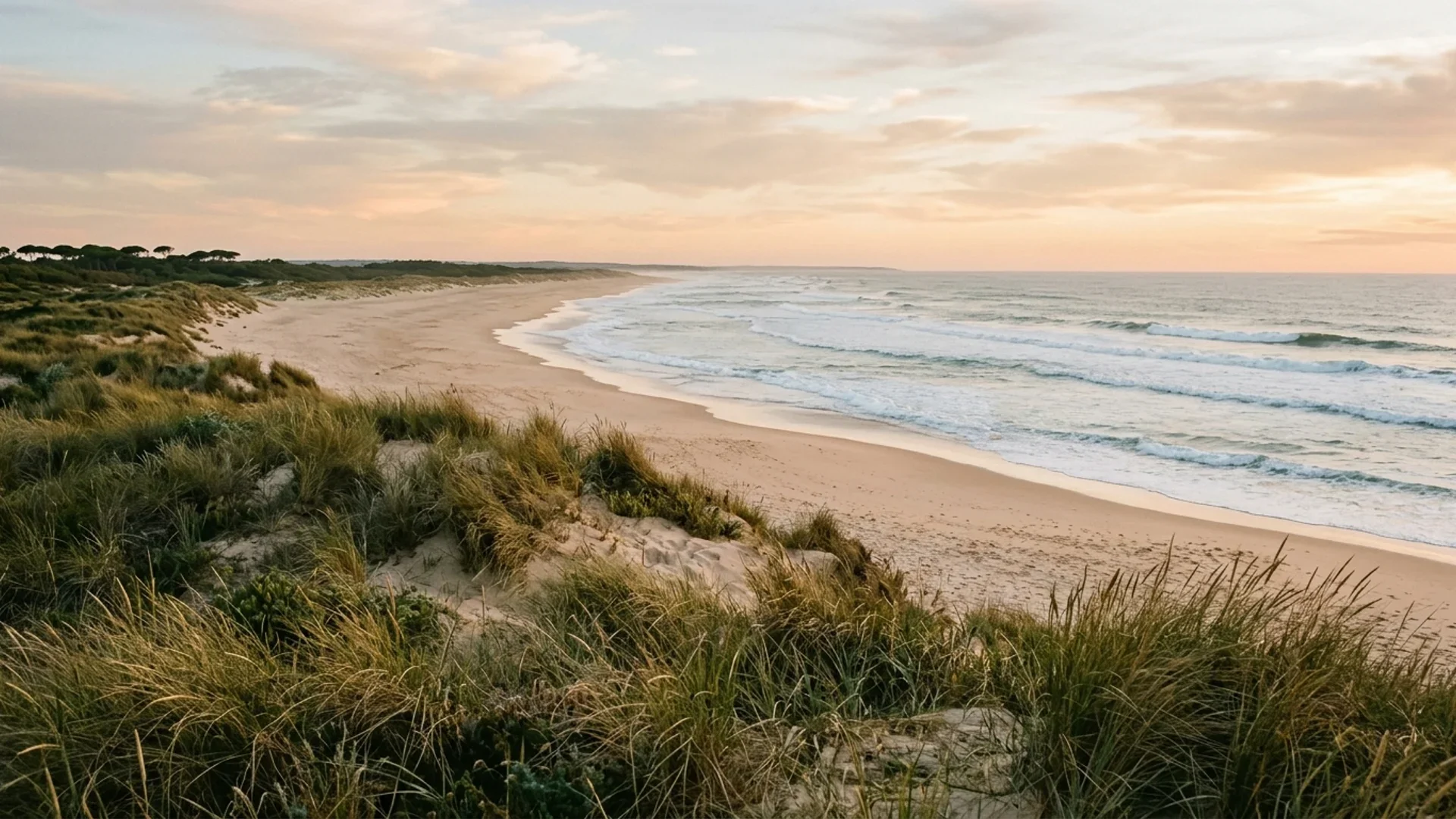 A wide, empty Atlantic beach seen over a low belt of grassed dunes at golden hour, no people.