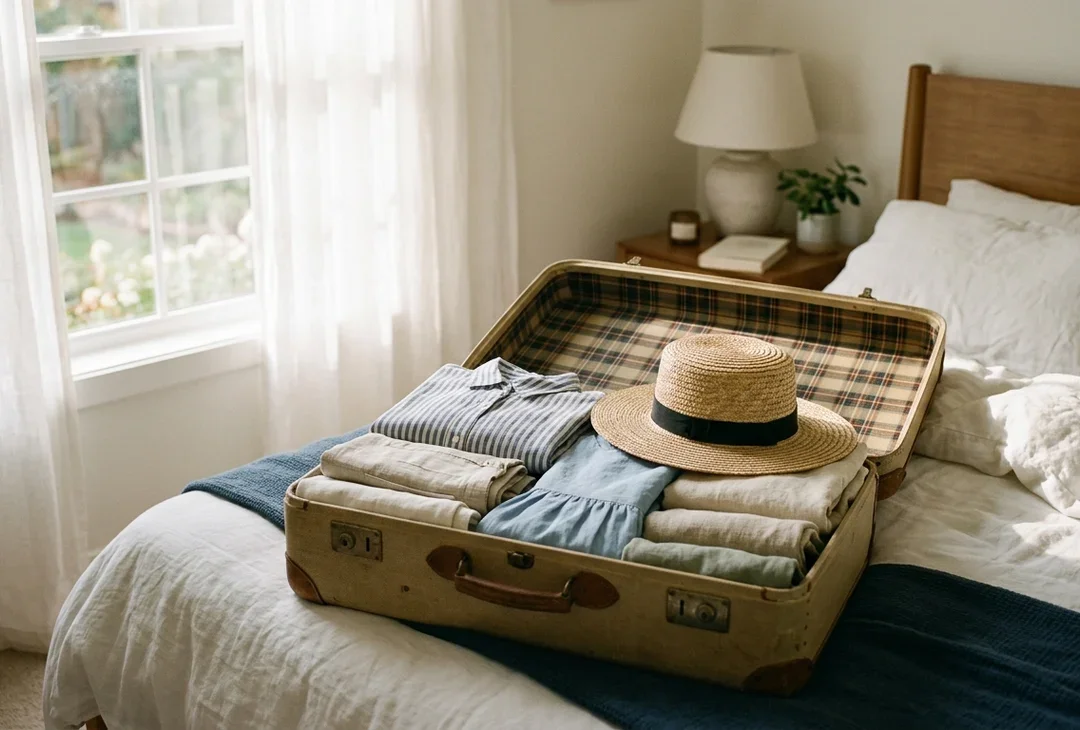 An open suitcase neatly packed with folded clothes on a bed in soft morning light, no people, no text.