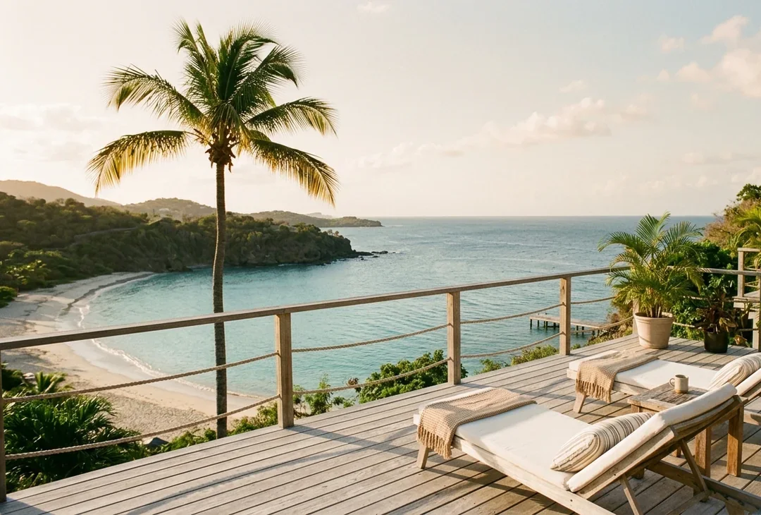 A small boutique resort terrace overlooking a quiet Caribbean cove at late afternoon, with white loungers, a single palm tree, and turquoise water beyond.