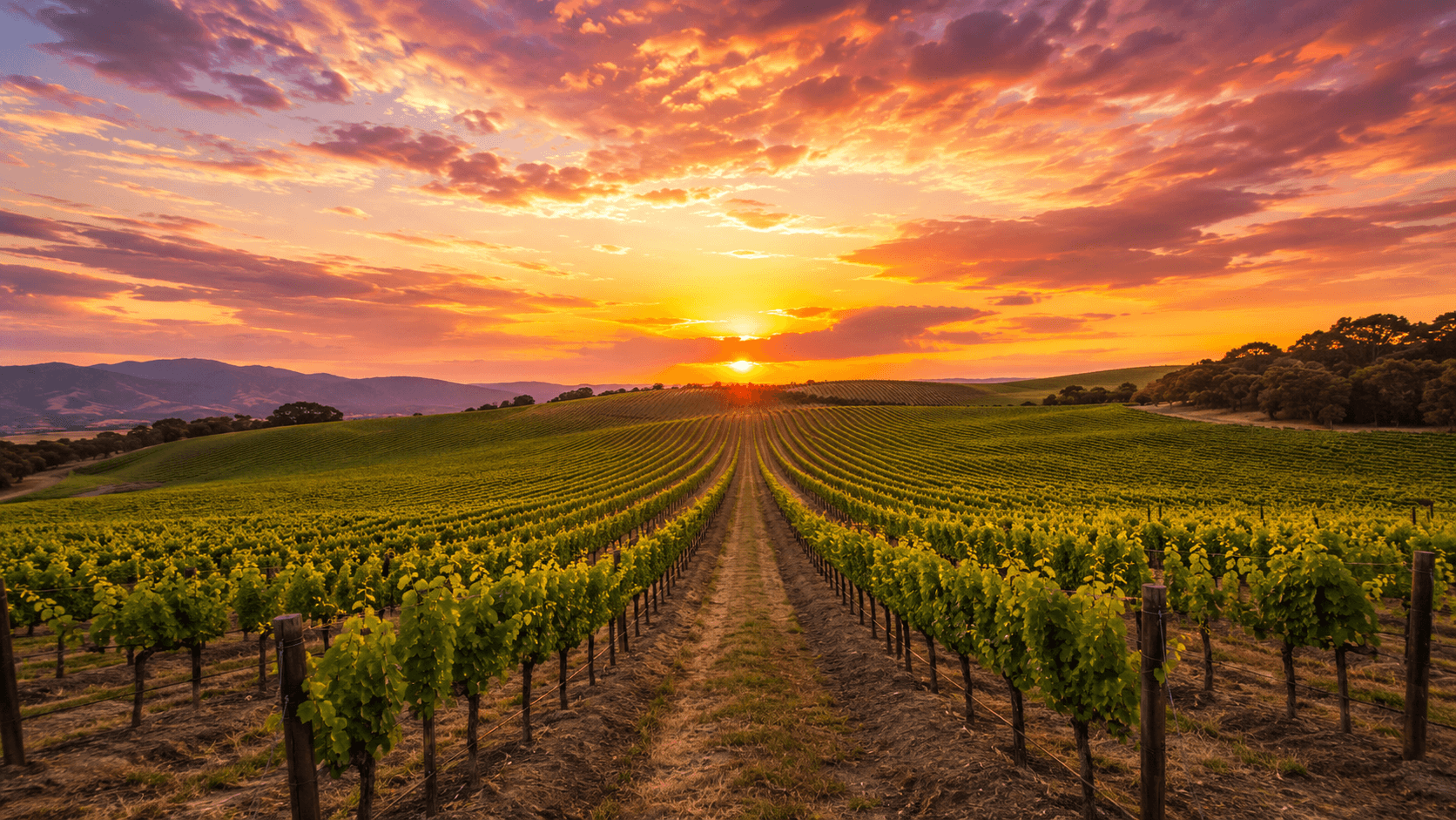 Vineyard rows at dusk with blue mountains behind, low golden light across the valley.