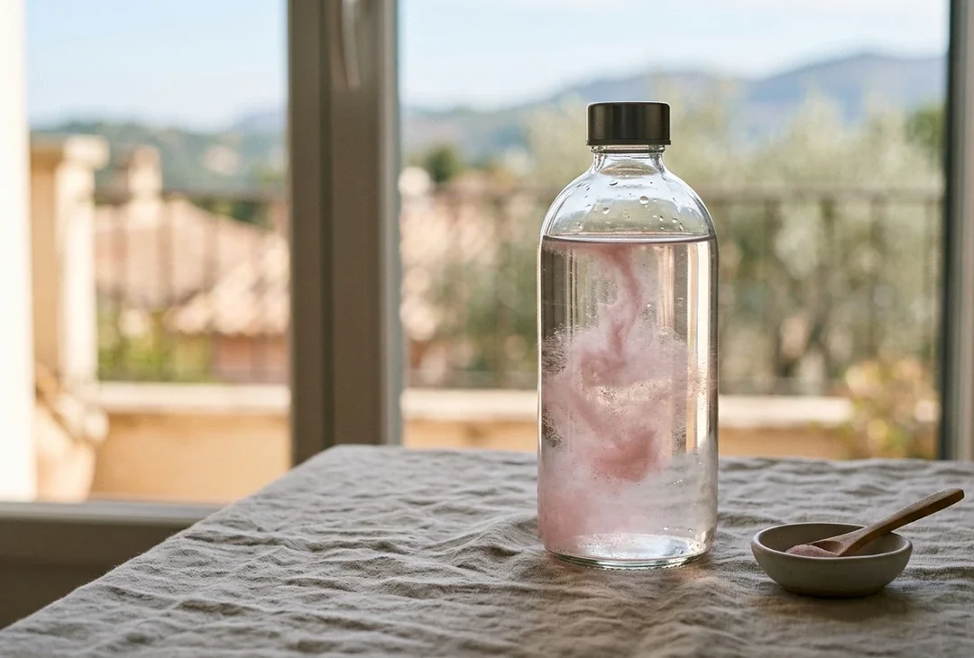 A clear water bottle clouded with dissolving pink electrolyte powder, held in soft window light against a blurred travel scene.