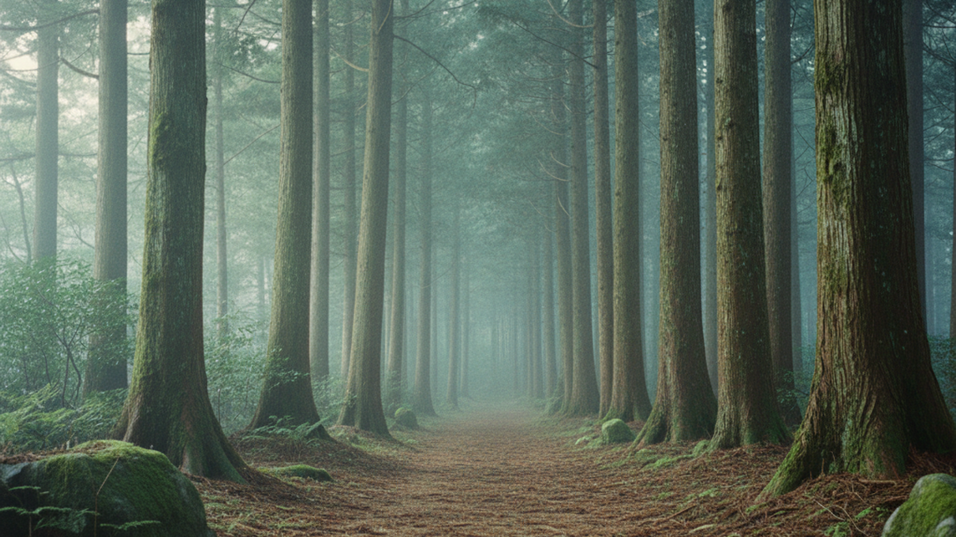 Forest path between ancient cedars at dawn, soft mist in the middle distance.