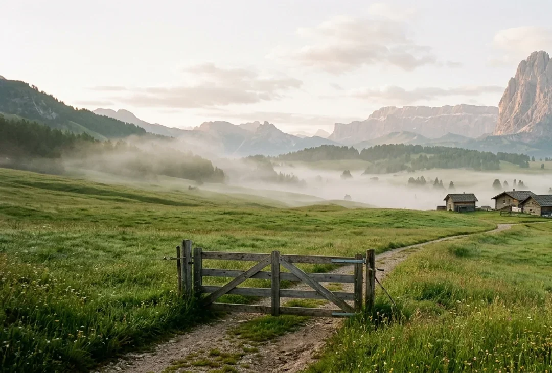 Generic Italian Alpine valley at first light, with a single wooden gate at the edge of a path leading toward distant alpine farmhouses, evoking the regulated-access pattern emerging in the region.