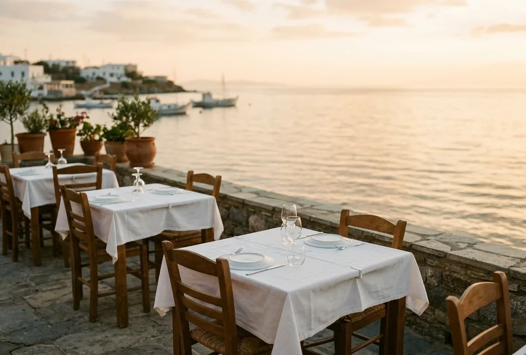 An empty seafront restaurant terrace at golden hour with laid tables, warm low light, no crowd.