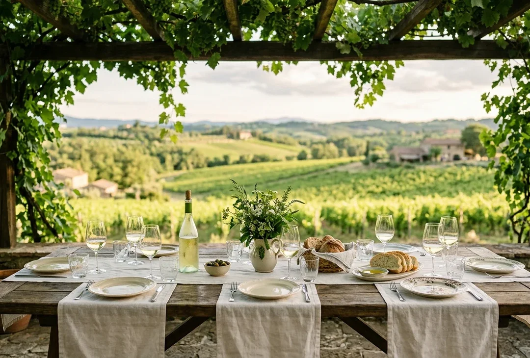 A long lunch table under a pergola in wine country, glasses and a bottle in soft afternoon shade, a green valley beyond.