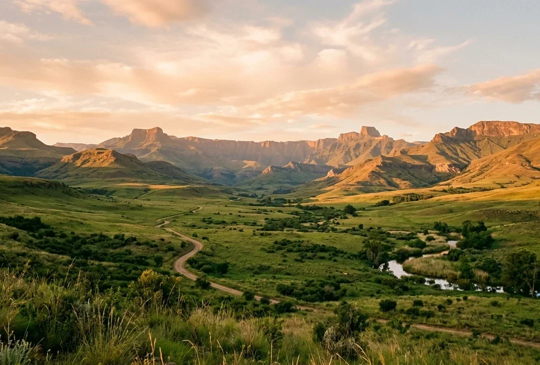 A wide Cape landscape at golden hour, mountains behind a green valley, low warm light across the land.