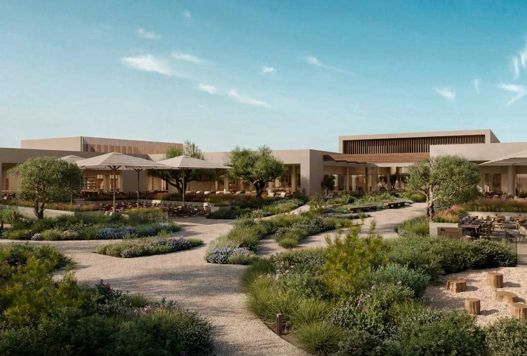 Image showing the front entrance to the new Ikos resort at Kissamos. The image shows beautiful architecture and manicured gardens.