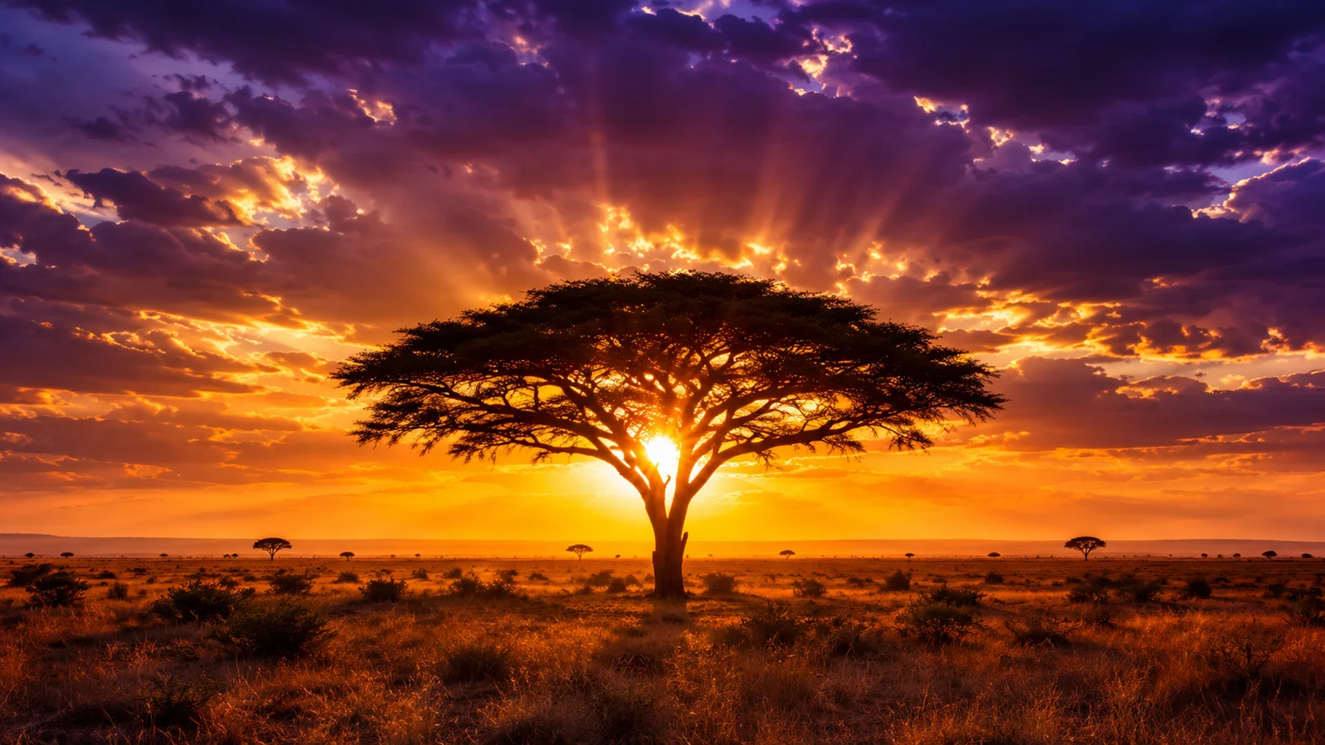 Soft golden dawn light across open bushveld, a lone flat-topped acacia standing in low ground mist, the land empty and still.