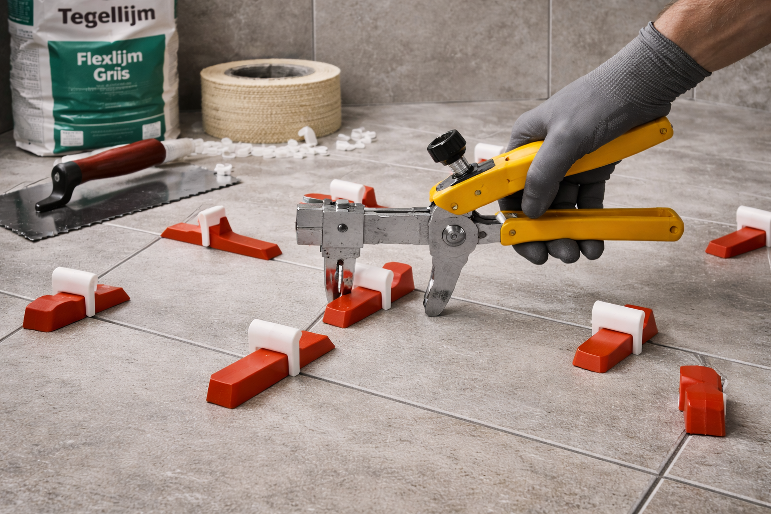 A worker using a power tool to cut ceramic tiles on the floor, with other tile tools and supplies nearby.