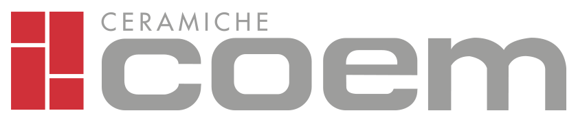 Logo van Ceramiche Coem met de tekst 'Ceramiche Coem' in grijze letters en een rood pictogram met de letters 'i' en 'h'.