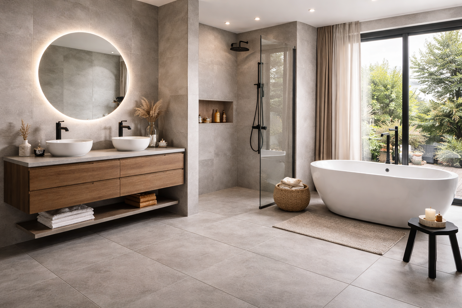 Modern bathroom with double vanity, round mirror with backlight, walk-in shower, free-standing bathtub near large window, beige floor and wall tiles, wooden accents, and neutral decor.