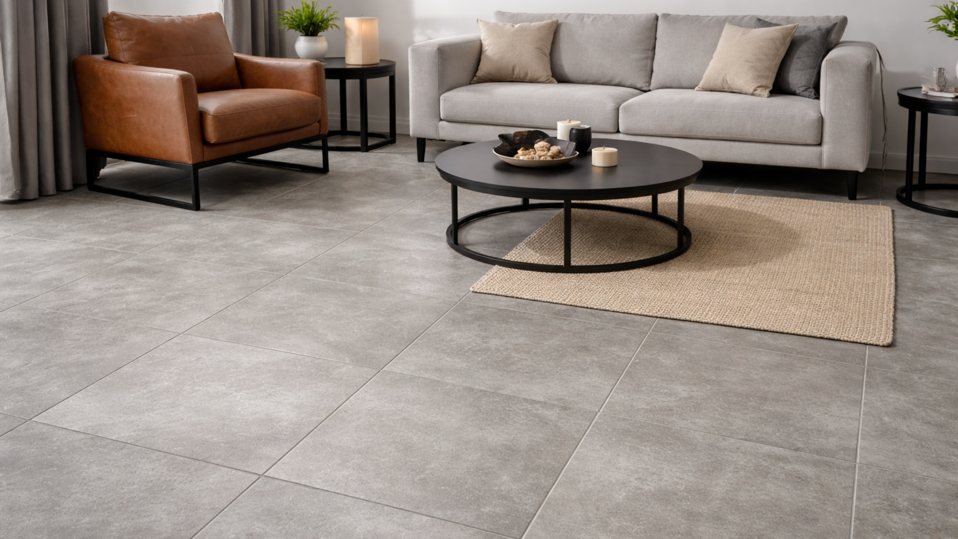 Living room with large beige tile flooring, a gray sofa with three beige pillows, a round black coffee table with decorative objects, and a leather armchair with a side table, potted plants, and candles in the background.