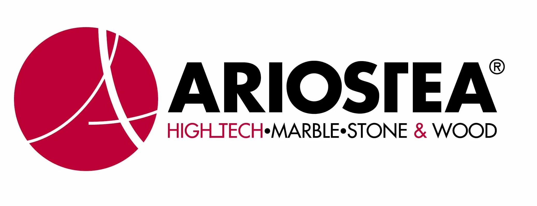 Logo van Ariose, met een rood cirkel en witte lijnen, de tekst 'ARIOSEA' in zwart en ondertitel 'High Tech · Marble · Stone & Wood'.