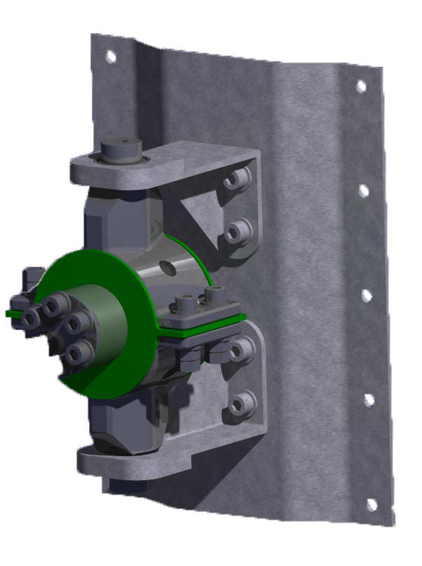 A mechanical assembly mounted on a metal plate, including a green circular component, bolts, and various gray metal parts.