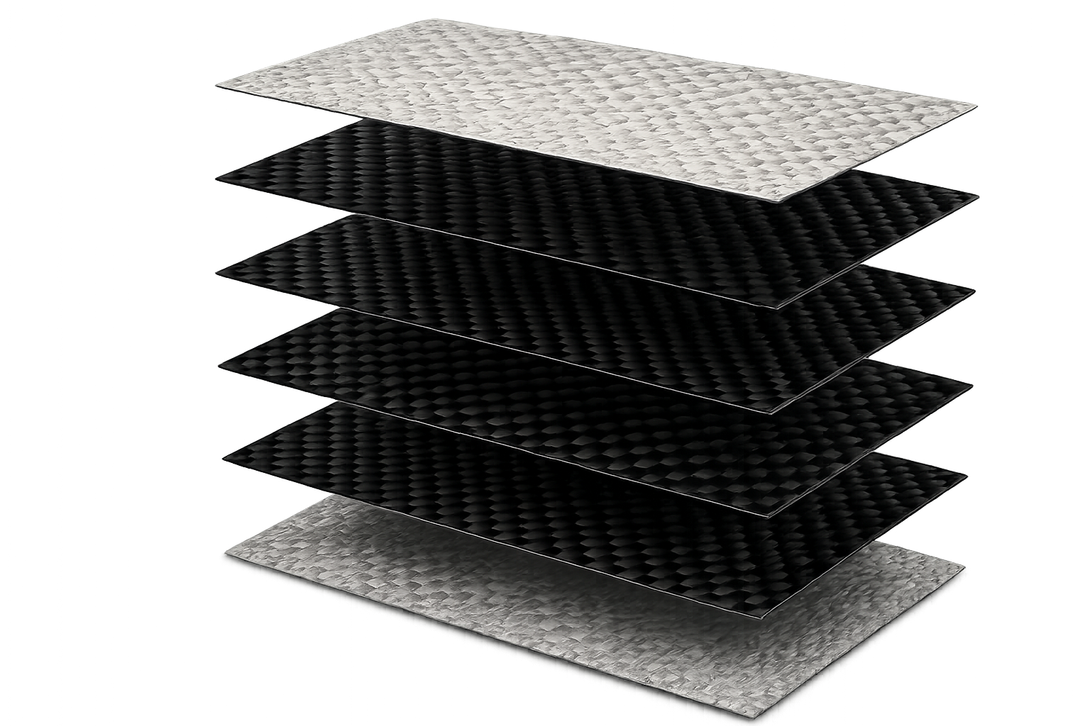Layered material sheets including marble, carbon fiber, and textured surfaces, arranged in a stack.