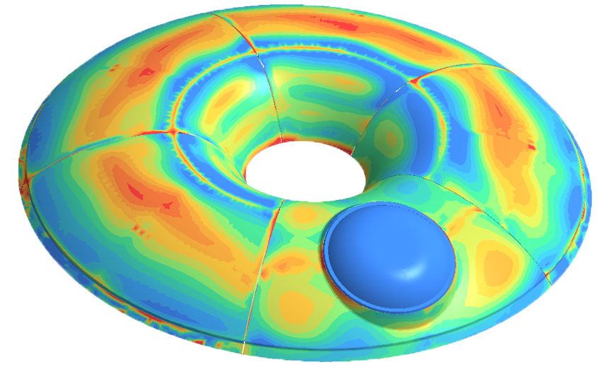 Colorful 3D scientific diagram of a torus with an internal sphere, showing topographical features with a rainbow color pattern.