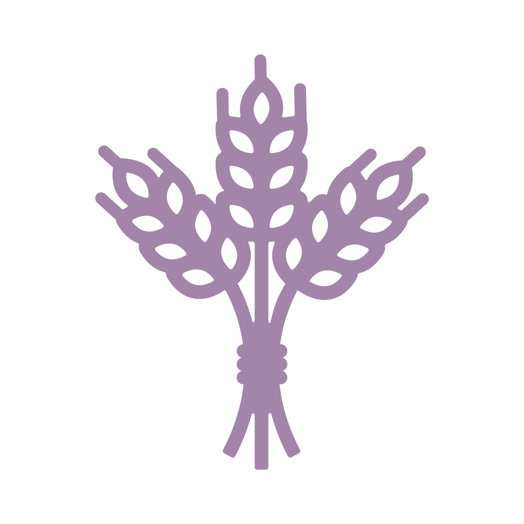 A stylized lavender snowflake with eight branches, each adorned with leaf-like patterns, set against a white background.