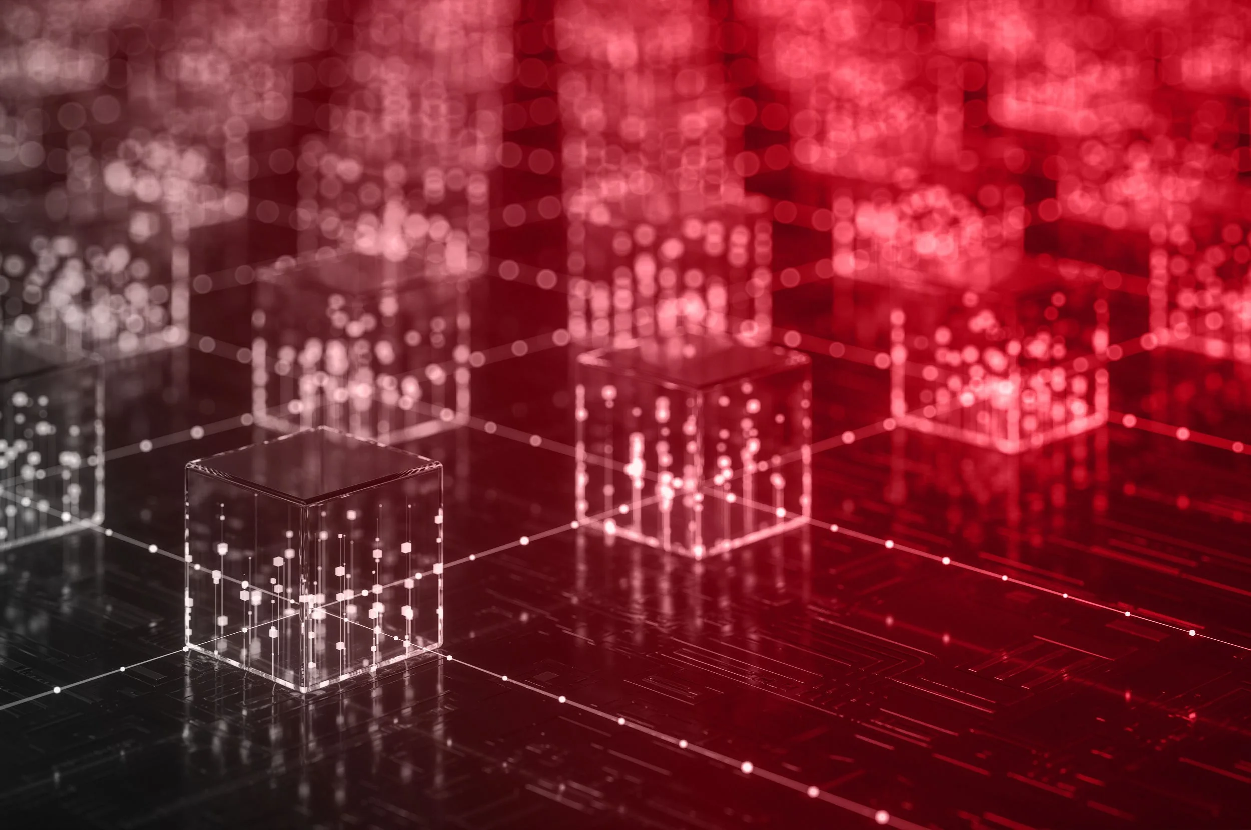 Digital art with holographic cubes and connecting lines on a dark background, illuminated in red and white lights.