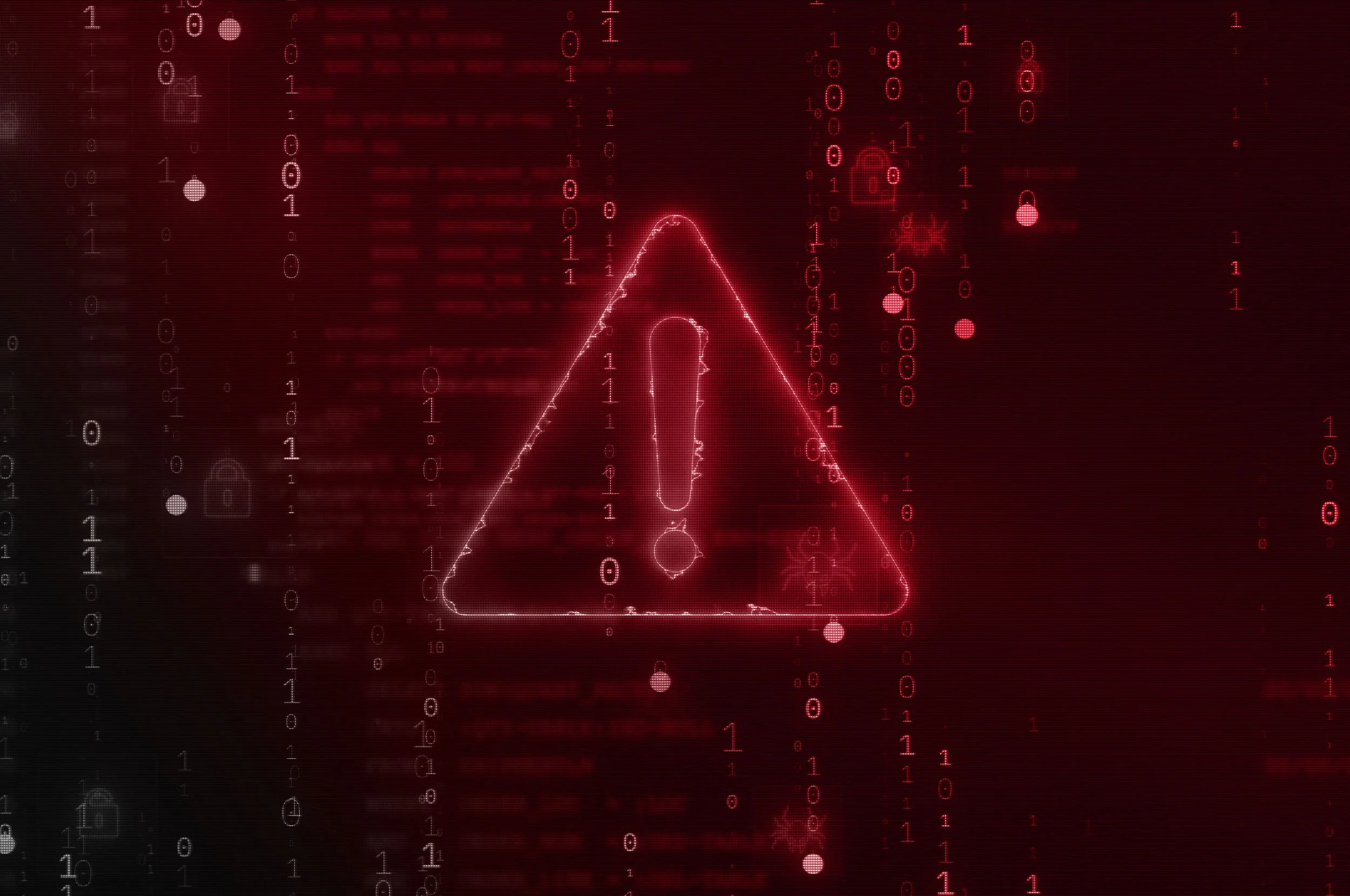 Red digital warning alert symbol with an exclamation mark inside a triangle, surrounded by binary code and digital icons.