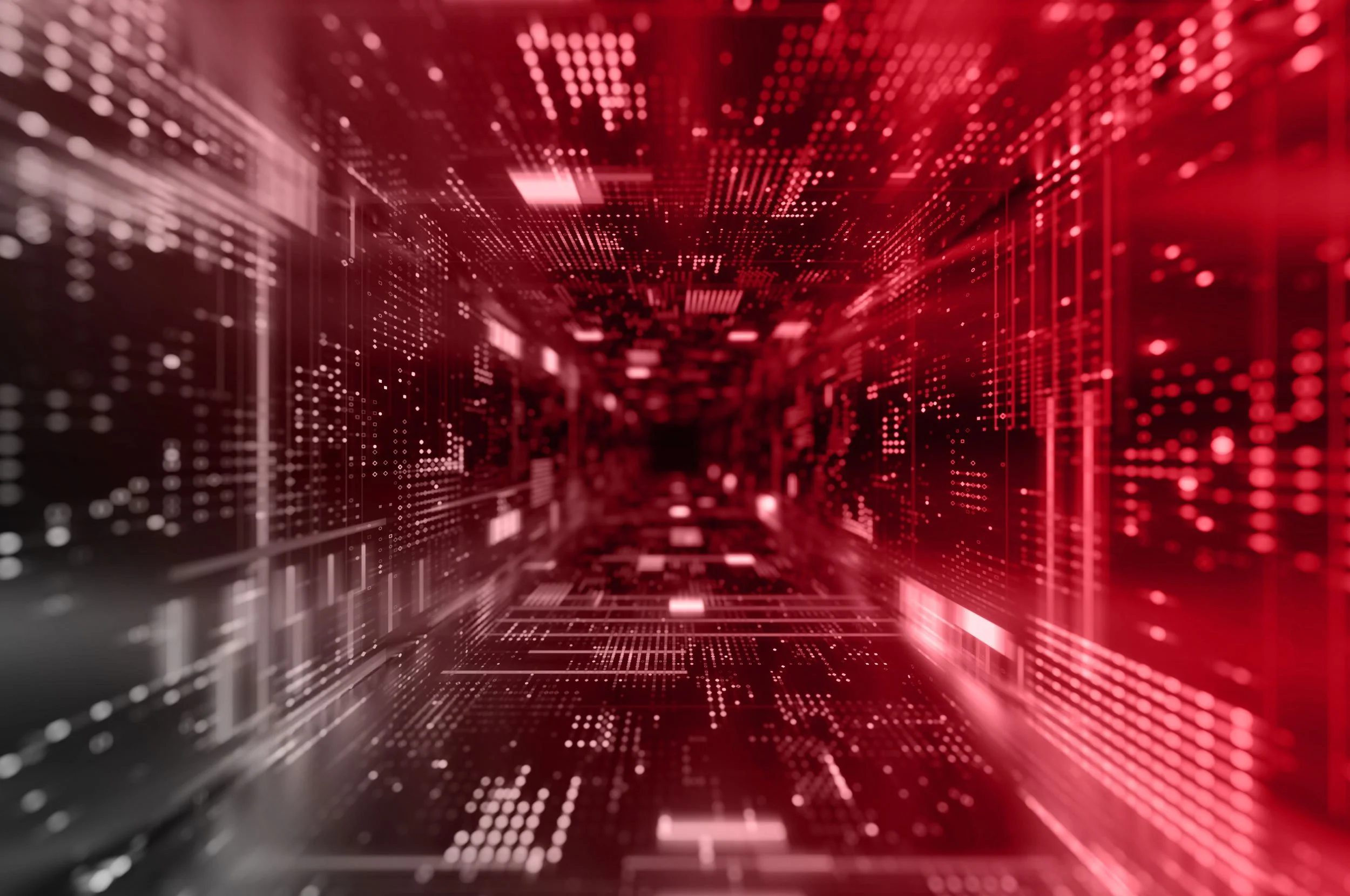 Futuristic digital tunnel with red illuminated data patterns and glowing lines.