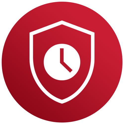 White shield with a clock symbol inside on a red background.