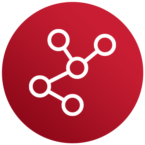 Icon of a network or molecular structure with interconnected nodes on a red circular background.