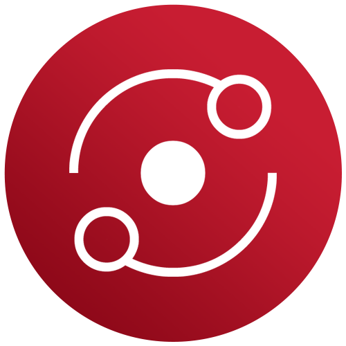 Icon with a red circular background and white stylized atomic or molecular structure with three connected circles
