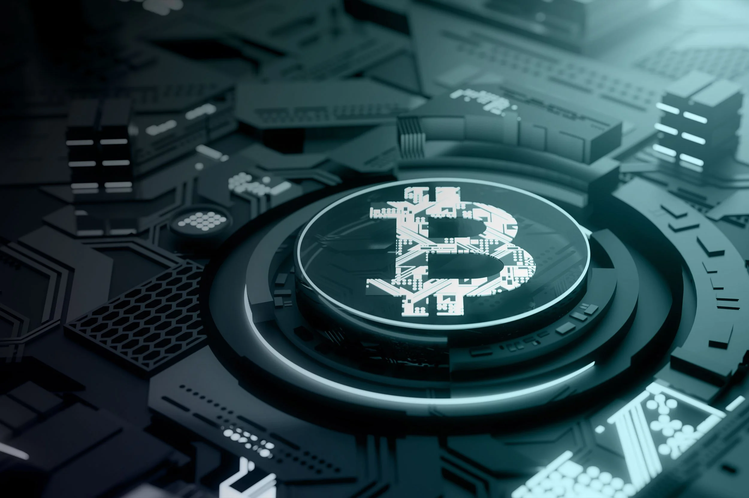 Digital illustration of a glowing bitcoin symbol on a circuit board.