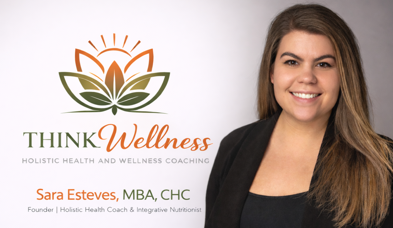 A professional woman with long brown hair smiling, dressed in black, next to a logo for Think Wellness, which features a stylized lotus flower with sun rays. Text below reads Sara Esteves, MBA, CHC, Founder, Holistic Health Coach & Integrative Nutritionist.