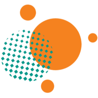 Abstract graphic design with orange circles and teal dotted circles on a black background.