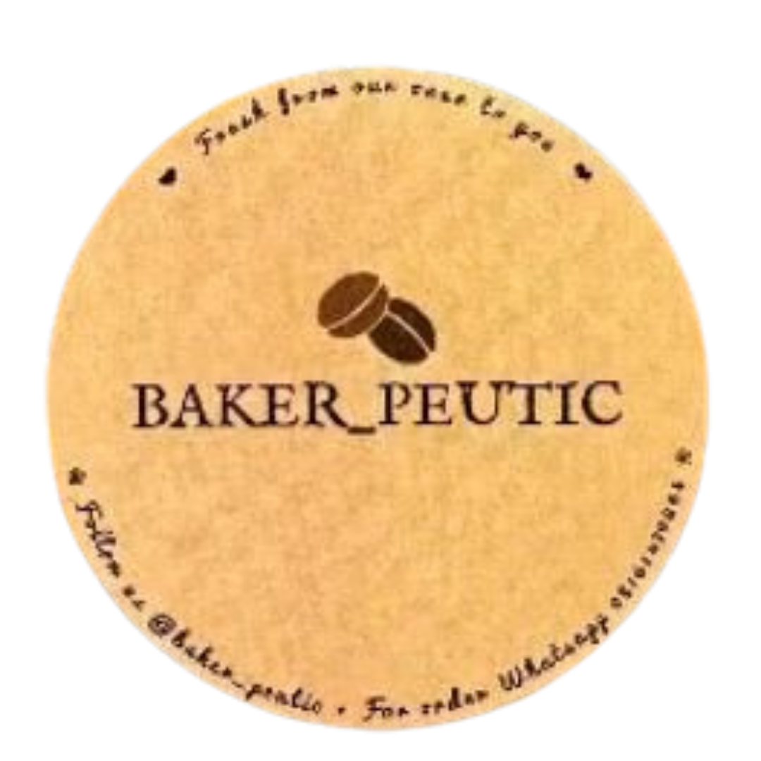 Round beige coffee coaster with a brown coffee bean icon and the text "BAKER PEUTIC" in the center.