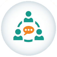 Icon of four people in a meeting with a speech bubble in the center.