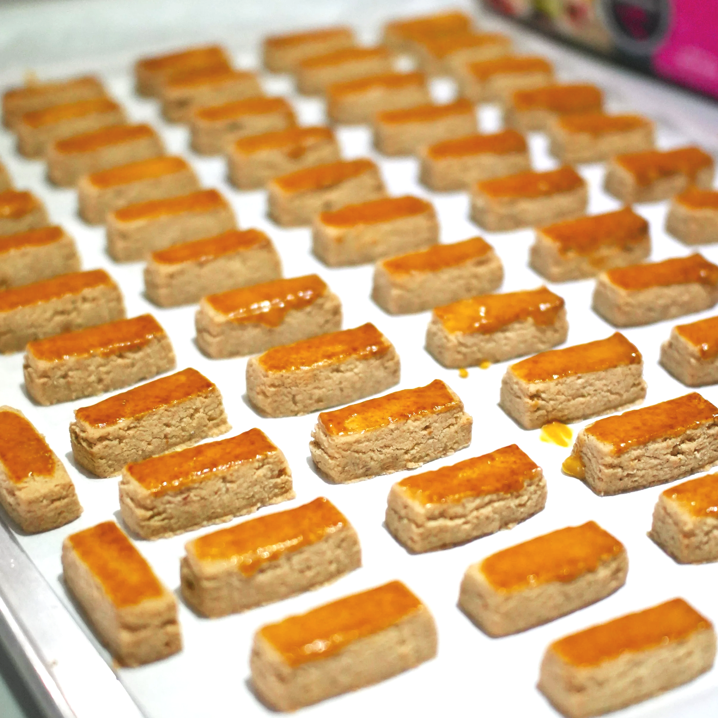 Multiple rectangular pieces of food with a golden-brown glazed top arranged in rows on a white surface.