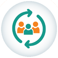 Icon of three people surrounded by two circular arrows, representing teamwork or continuous collaboration.