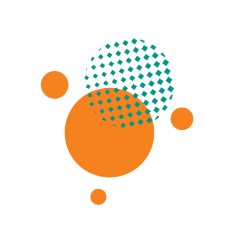 Abstract graphic design with orange circles and teal dotted patterns on a black background.