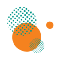 Abstract illustration with teal and orange circles and dotted patterns on a white background.